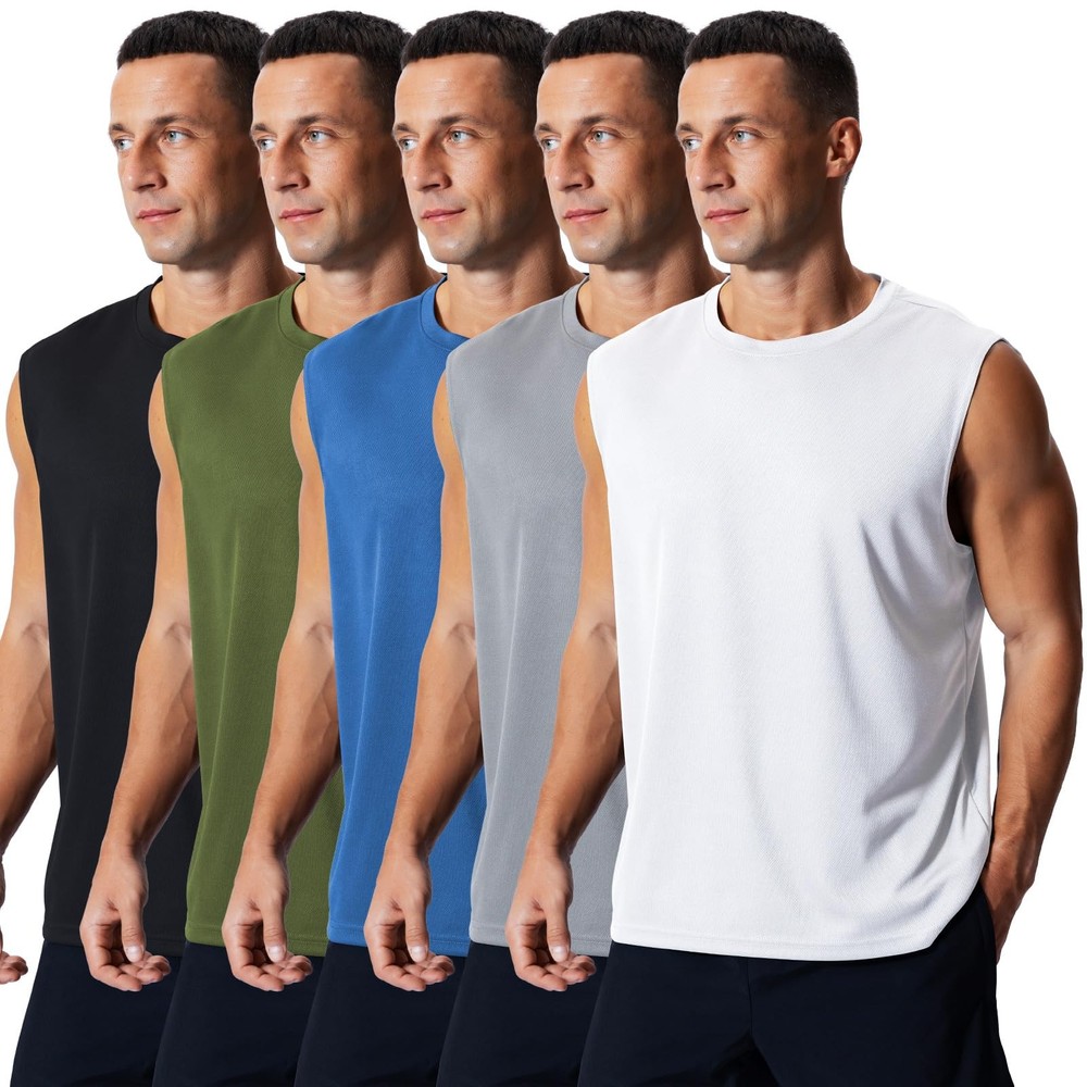 Men’s 5 Pack Athletic Tank Tops Quick Dry Workout Shirts Breathable Gym Sleev…