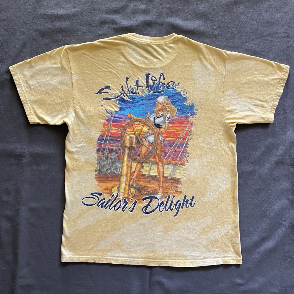 Salt Life T Shirt Mens Medium Yellow Bleach Acid Wash Fishing Sailor’s Delight