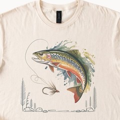 Trout Fishing Graphic Tee Natural Color Fish Art Outdoor Sport Shirt