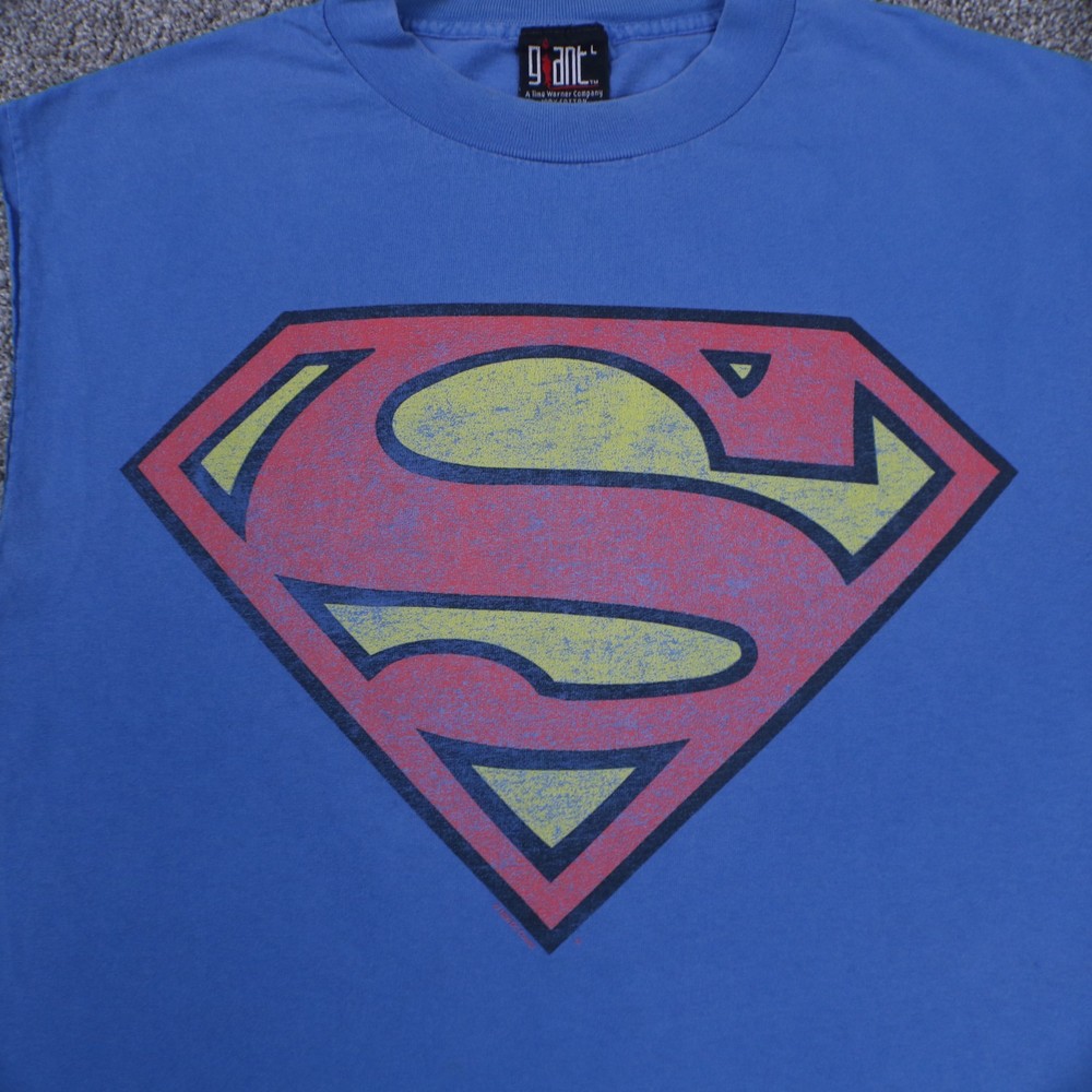 1996 DC Comics Superman Shirt Mens L Blue Sleveless Modified Giant Tag Tshirt