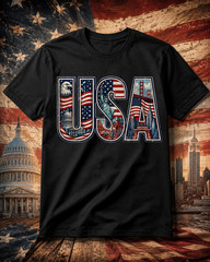 USA Patriotic Landmarks American Flag Eagle Statue of Liberty Graphic T-Shirt