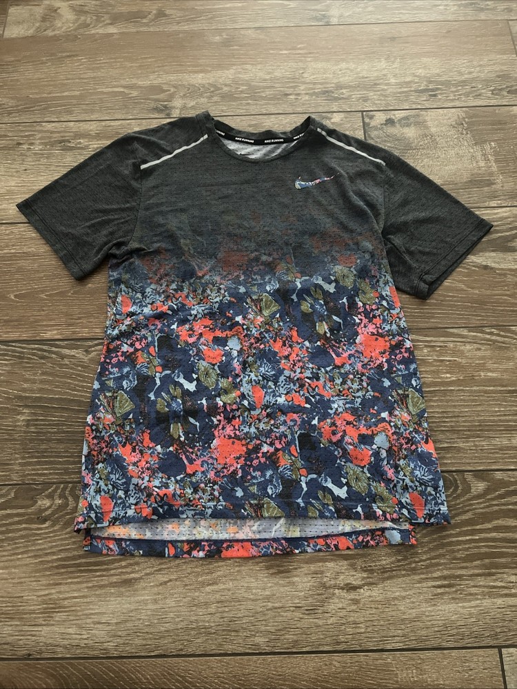 NIKE Dri Fit Miler Running Shirt Rare Gray Floral Gradient Men’s Small