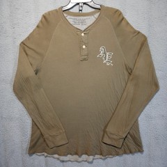 American Eagle Shirt Mens Y2K Henley Long Sleeve XL Brown Lined Grunge Preppy