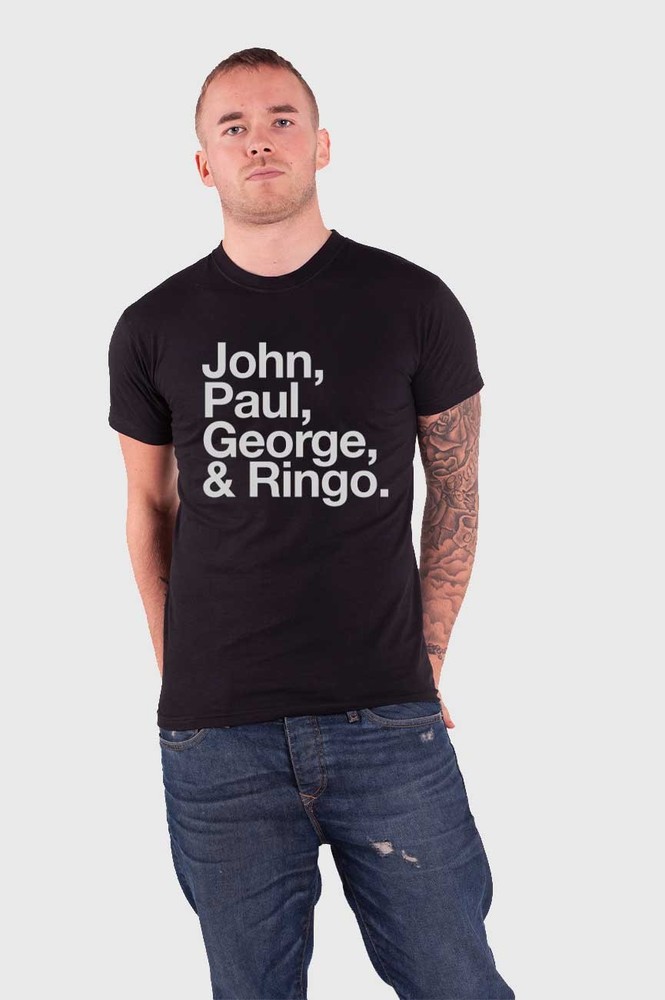 The Beatles T Shirt John Paul George & Ringo text Official Mens New Black