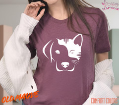 Dog and Cat Split Face T-Shirt – Minimalist Pet Lover Graphic Tee – Cute Dog Cat