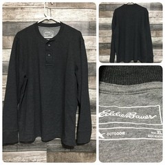 Eddie Bauer Waffle Knit Thermal Henley Shirt Men’s XL Dark Gray Casual A6