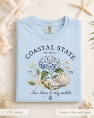 Coastal State of Mind Shirt, Comfort Colors Hydrangea Seashell Beach Tee