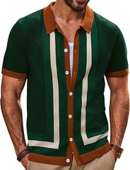 Mens Vintage Striped Knitted Polo Shirt Short Sleeve Button Down Golf Casual Top