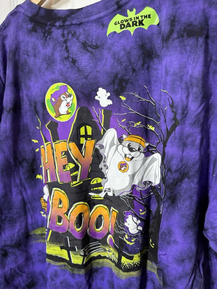 Buc-ees T-Shirt Purple Black Tie Dye 2024 Hey Boo Glow in Dark Halloween LIMITED