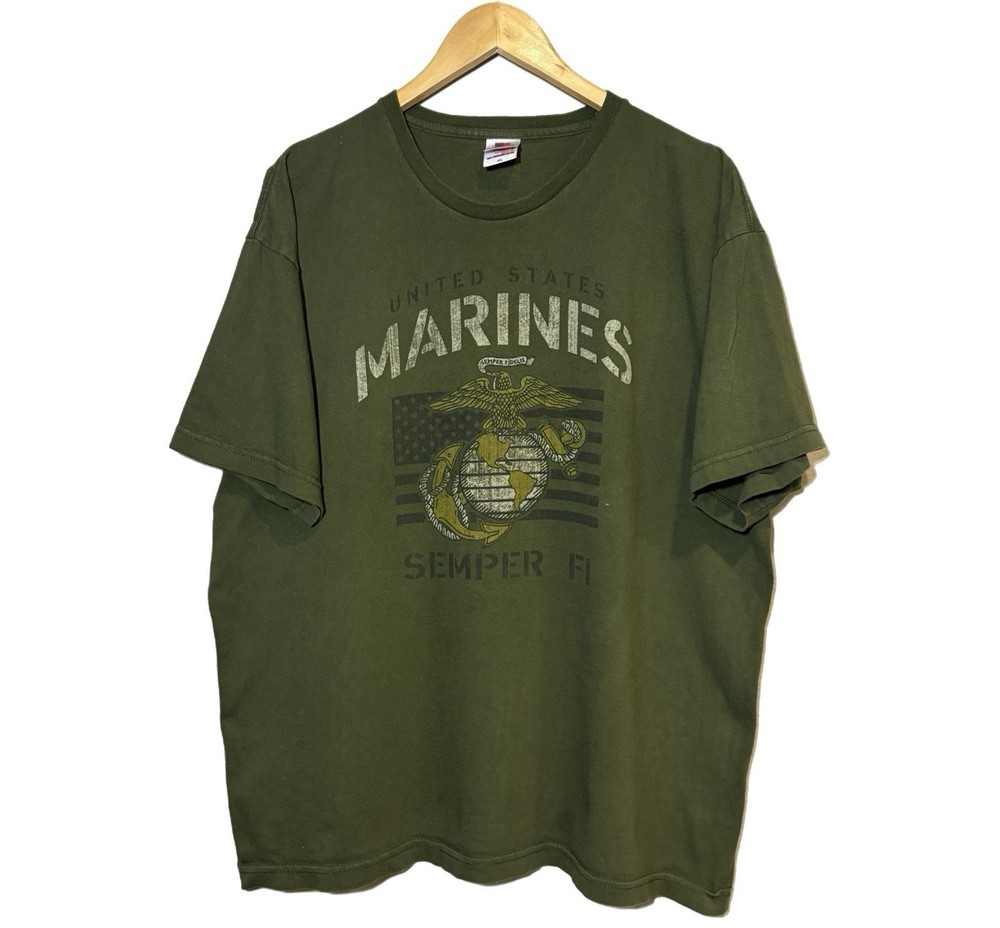 Marines Shirt Men XL Green Graphic Crew Military Simper Fi USA American Flag