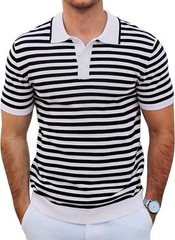 Men’s Striped Knit Polo Shirt Lightweight Short Sleeve Casual Collared Golf Tee