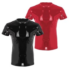 Shiny Faux Leather Mens T Shirt Top For Clubwear In Wet Look PVC for material