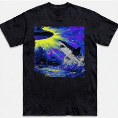 Retro UFO Shark Attack T-Shirt Vintage Sci-Fi Alien Abduction Space Graphic Tee