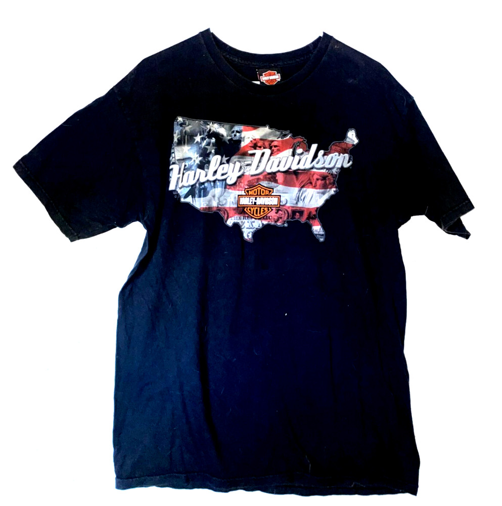 Harley-Davidson Mile High Motorcycles Spell Out T-Shirt Aurora CO American Flag