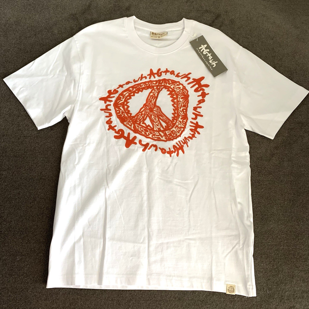 AGTAWH Men’s T-Shirt Size S 100% Cotton Peace Sign Embroidered White/Orange NWI