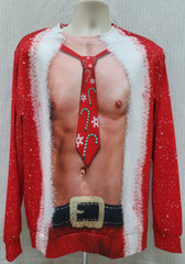 Sexy Muscular Christmas Long Sleeve Shirt – Abs Candy Cane Neck Tie – Size L *B4