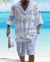 Beach Loose Print V-neck Mens Knitted Short-sleeved Short-shorts Set Casual 2pcs