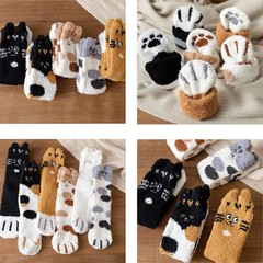5 Pairs Cat Paw Socks Cozy Fuzzy Feet Hosiery For Girls Women Winter Warm