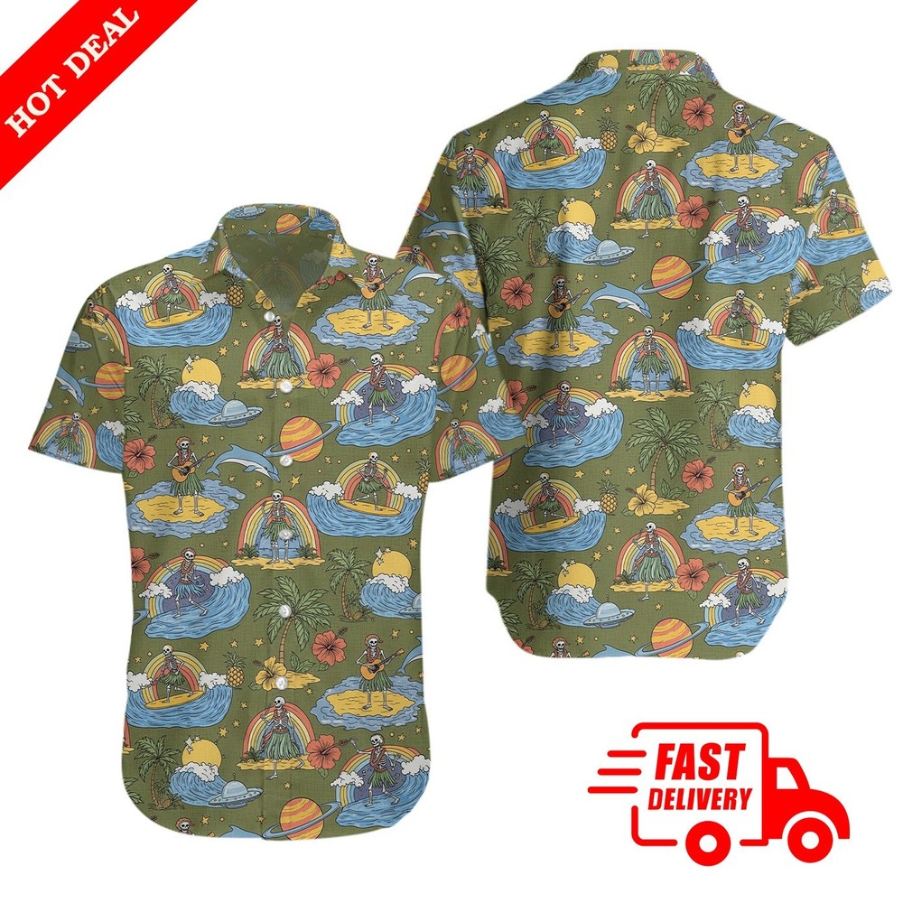 Grateful Dead Far Out Mens Dusty Olive Hawaiian Shirt Aloha Button Down Summer