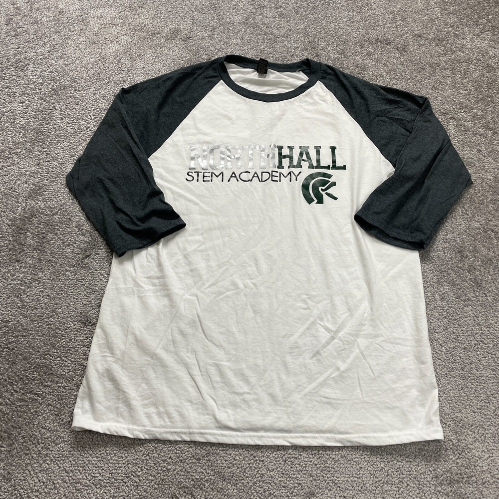 Anvil Graphic Tri Blend Tee Mens Medium White Black Raglan Long Sleeve Crew Neck
