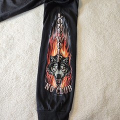 Lone Wolf No Club Biker Motorcycle Double-Sided/Flame Sleeves Graphic Tee Sz L