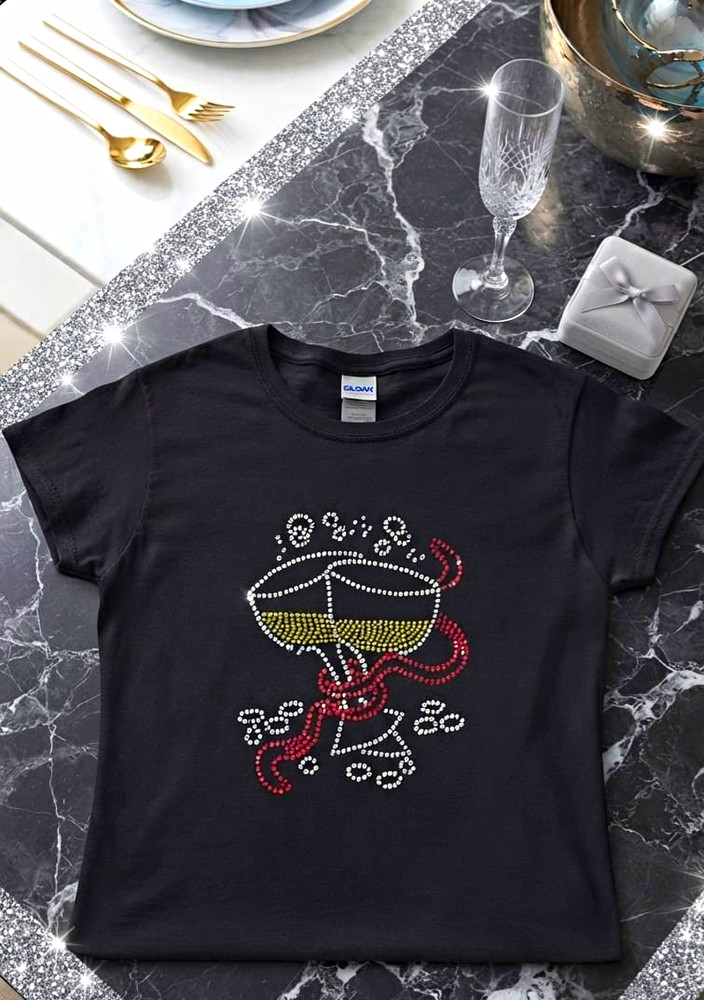 Black Unisex Crew Neck Short Sleeve Graphic Print Rhinestone T-Shirt Size M