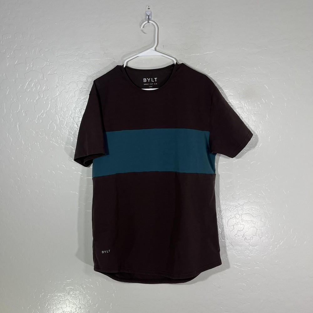 BYLT Drop Cut LUX Shirt Mens Large Brown Teal Stripe Short Sleeve Tee Tagless