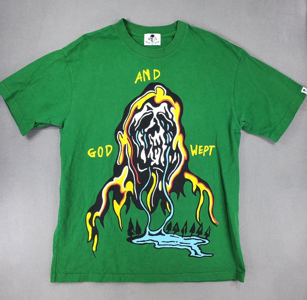 Warren Lotas Green And God Wept Shirt Size L Cotton USA Authentic Skull
