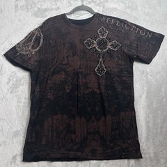 Vintage Affliction T-Shirt Mens XL Brown Felt Wings Cross Los Angeles Grunge Y2K