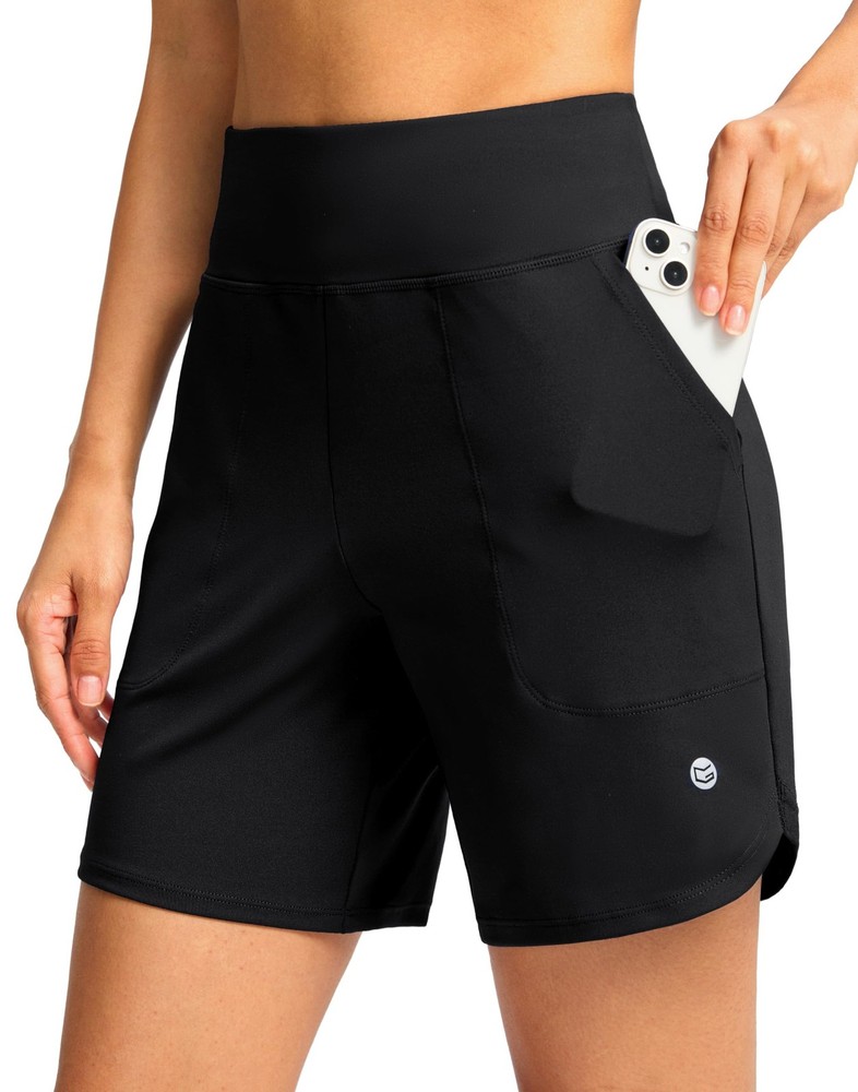 Women’s Athletic Shorts 6″ High Waisted Stretchy Bermuda Shorts for Women Qui…