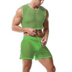 Men 2 Piece Set Fishnet Crop Tops Mesh See-Through Vests Undershirts With Shorts