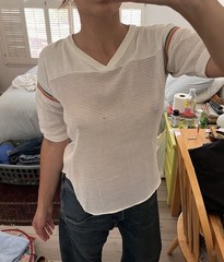 vintage 80’s Indy Knit white mesh Rainbow Detailed Sleeve top Size M