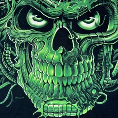 Vintage 1998 Liquid Blue Terminator Skull Glow Dark AOP Tee Shirt 2X Cyborg