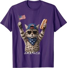 Retro Funny America Cat Hot Dog Lovers Patriotic US Flag T-Shirt