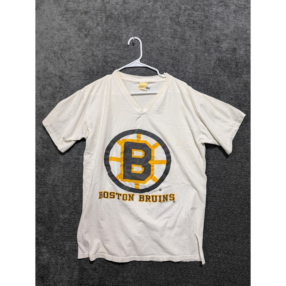 Boston Bruins V Neck T Shirt Vintage Large Graphic Tee White Women’s