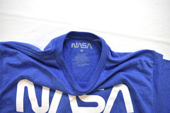 NASA Mens Space Shuttle, Earth, American Flag Icons Blue Shirt New Medium