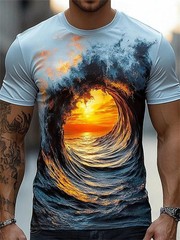 Men Summer 3D Wave Print T-Shirt Casual Short Sleeve Crew Neck Graphic Tee Shirt