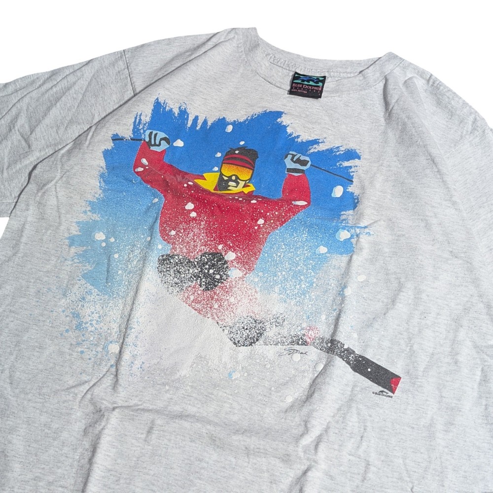 ⛷️👀🔥 VTG Blue Dolphin Down Hill Skiing Single Stitched T Shirt CLEAN Large HTF