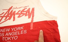 Stussy World Tour Tank Top T-Shirt M 40″ Chest READ Bleached Spots Hole Cracking