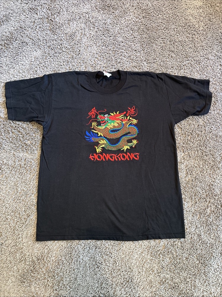 Vintage Hong Kong Dragon Embroidered T Shirt Tee Black Unisex Size XL