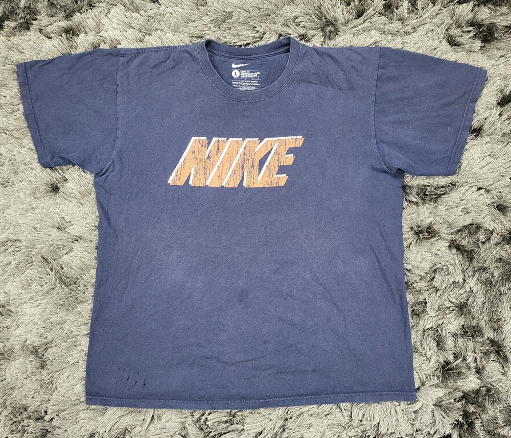 Nike T-Shirt Mens Large Blue Loose Fit Cotton Swoosh Short Sleeve Pullover Flaw