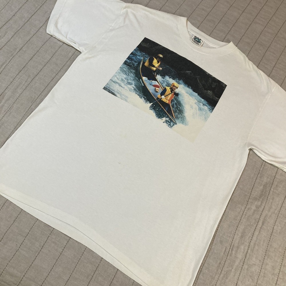 Vtg Canoe Shirt Graphic Tee Rowing Nature Art River Outdoors Sports Global Water