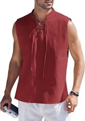 Men Cotton Linen Tank Top Sleeveless Lace Up Shirt Bohemian Beach Casual Tunic
