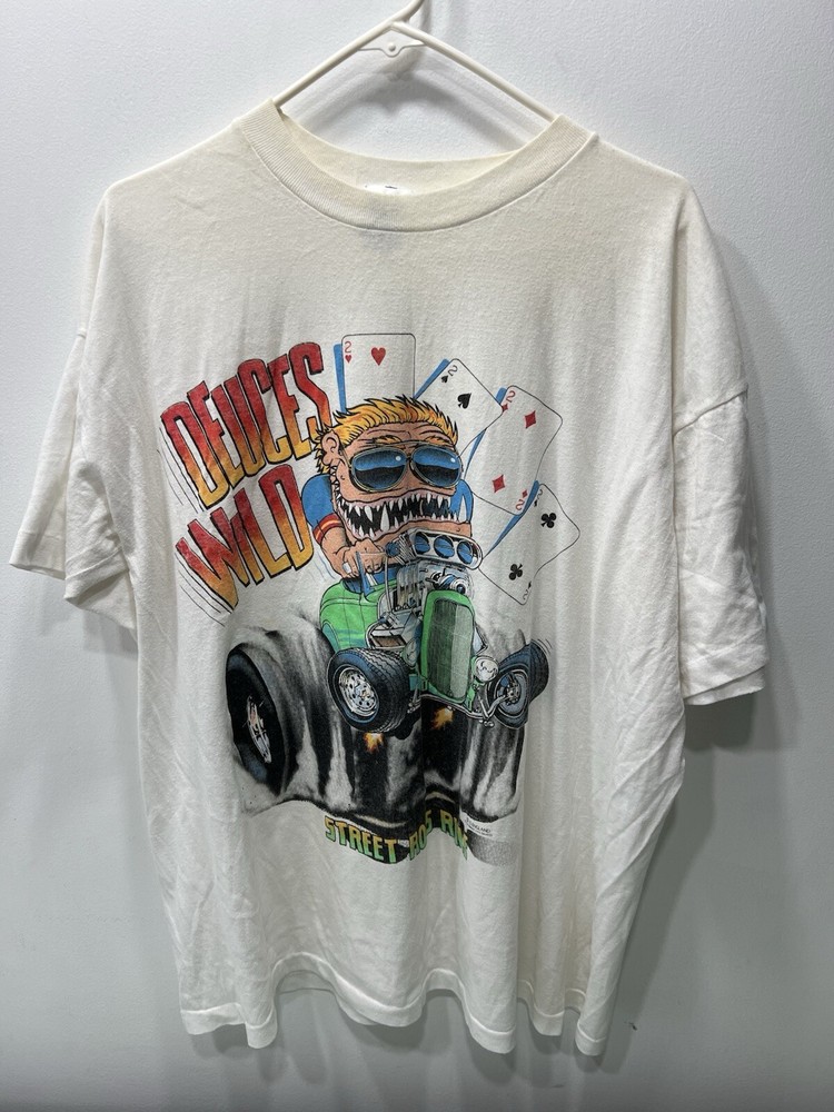 Vintage Deuces Wild Street Rods Rule White Tshirt Size XL ( See Pics ) Yellowing