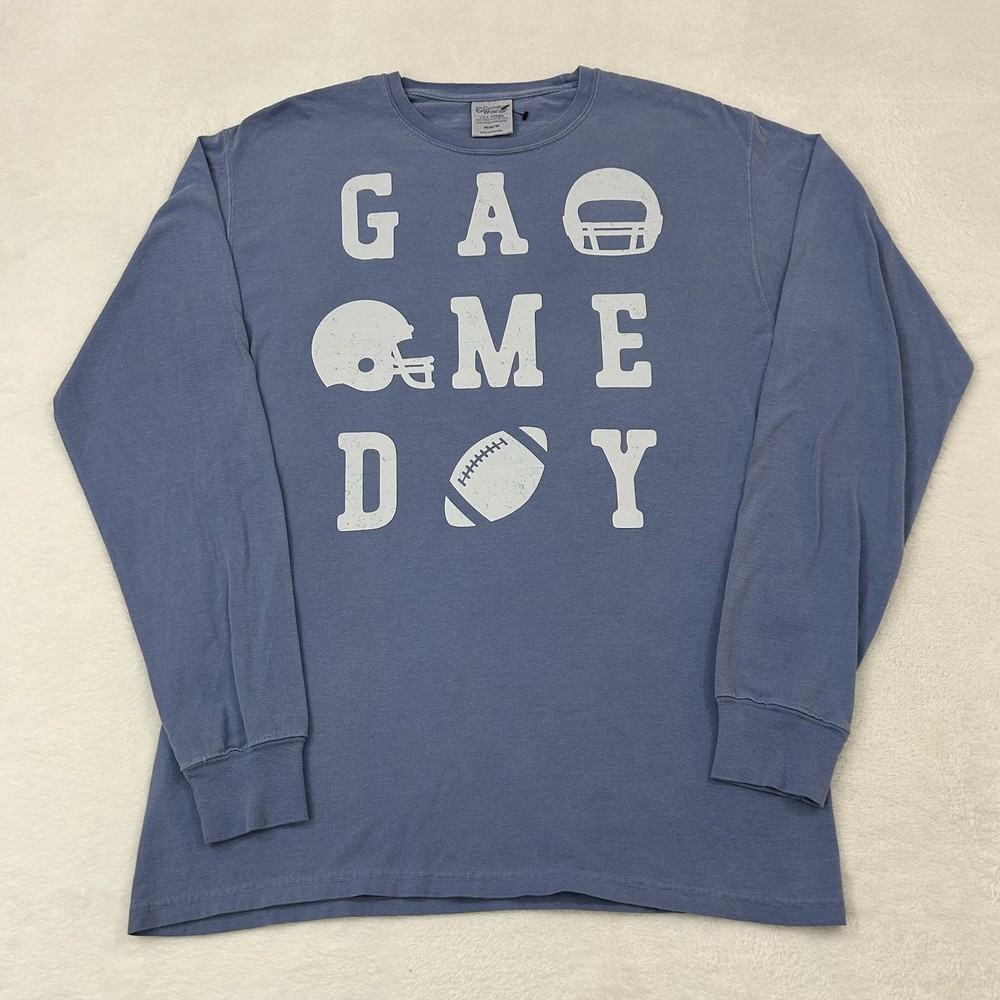 Comfort Wash Game Day Football Helmets & Ball Graphic Navy Longsleeve Shirt Sz M