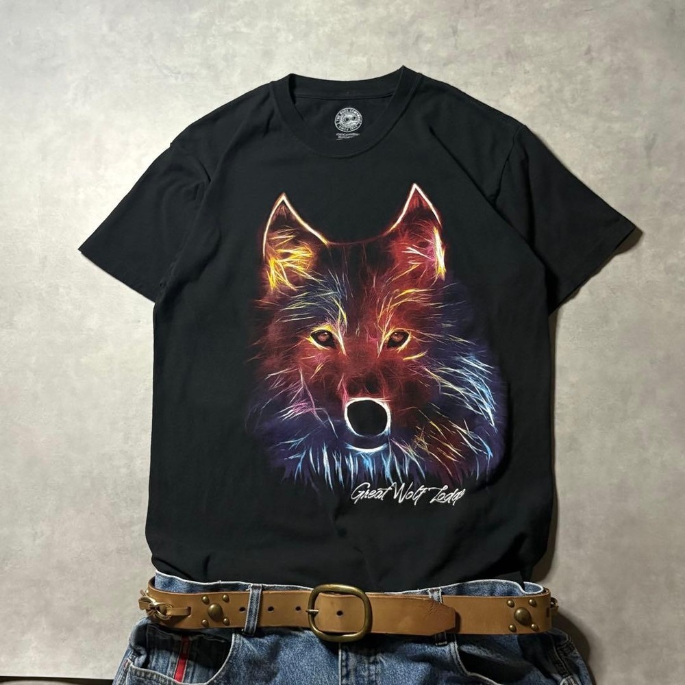 Y2K Great Wolf Lodge Neon Wolf Cyber Tee Black Cotton Men’s Used