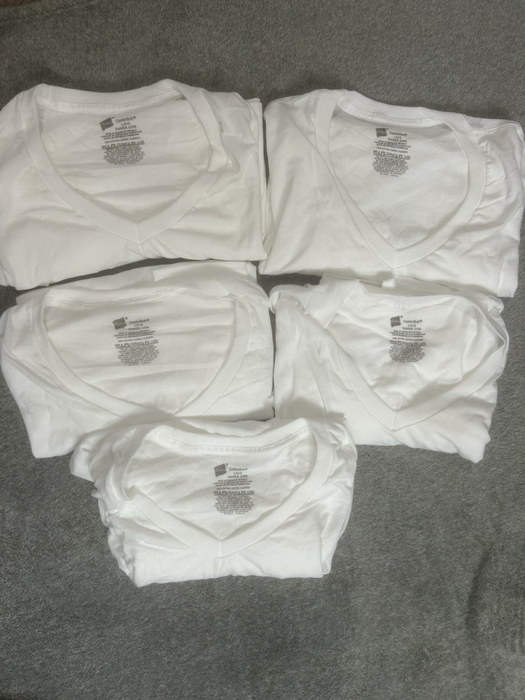 New 5 pack hanes cotton v neck T shirts size large white