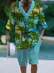 Beach Loose Print V-neck Mens Knitted Short-sleeved Short-shorts Set Casual 2pcs