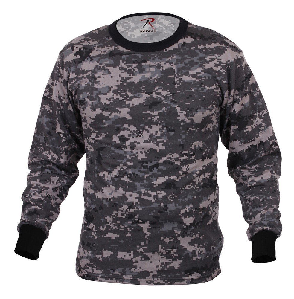 Subdued Urban Digital Camo Long Sleeve Cotton T-Shirt – Black & Gray Camouflage
