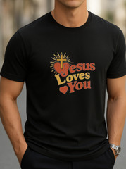 Jesus Loves You T-Shirt Retro Christian Graphic Tee with Heart & Cross Faith Tee